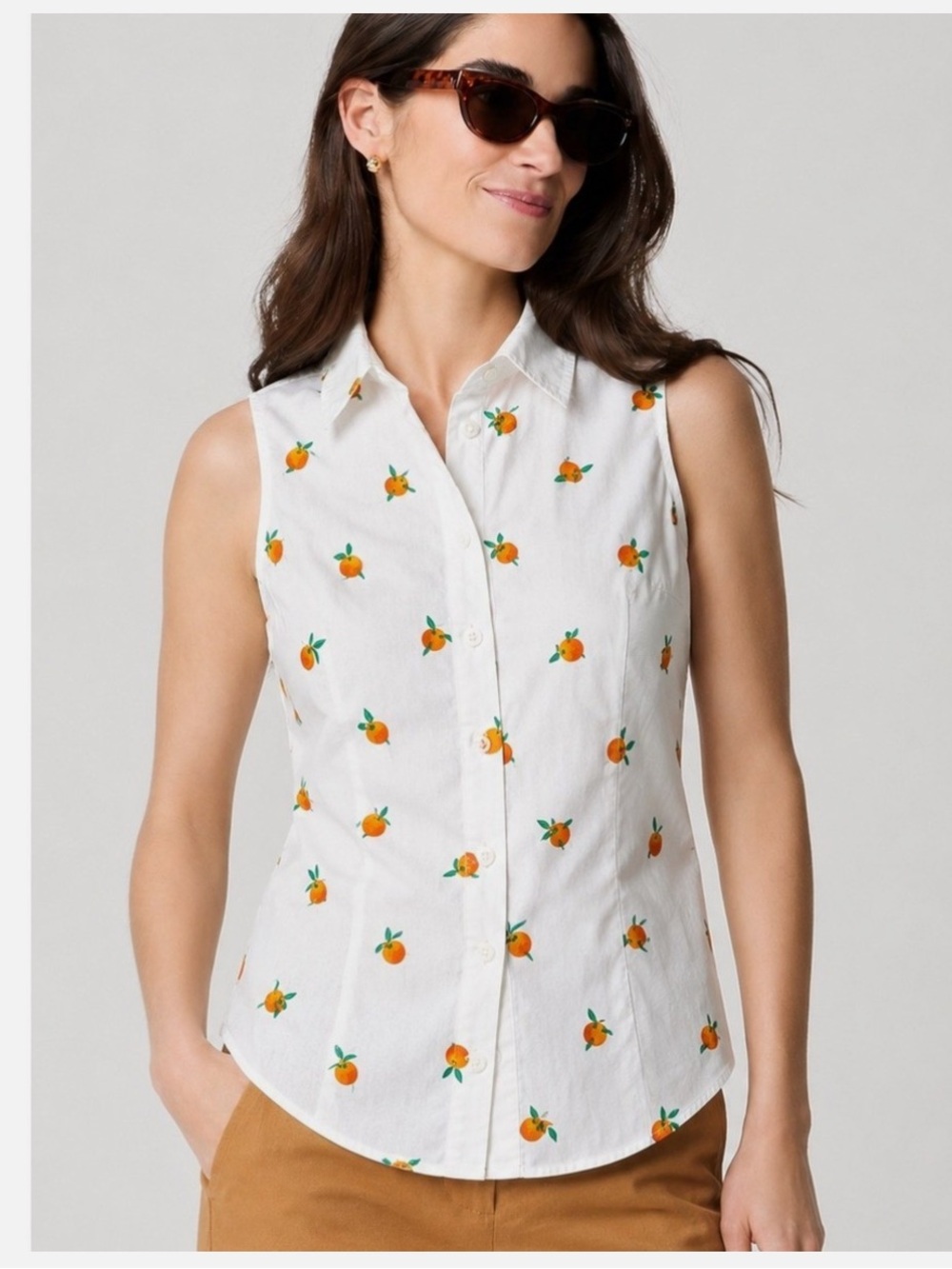 J. Crew Women Poplin Cream Sleeveless Button-Down Top Orange Fruit Print size M